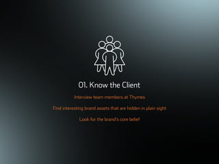 ©ܱܲǲԱ2007
01. Know the Client
Interview team members at Thymes
Find interesting brand assets that are hidden in plain sight
Look for the brand’s core belief
 