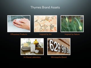 ©ܱܲǲԱ2007
Thymes Brand Assets
Efficacious Products Inspired by Art Inspired by Nature
In-House Laboratory Minneapolis-Based
 