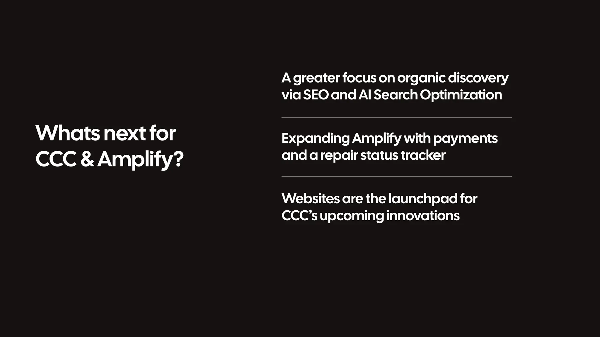 Whats next for CCC & Amplify? A greater focus on organic discovery via SEOand AI SearchOptimization Expanding Amplify with payments and a repair status tracker Websites are the launchpad for CCC’s upcoming innovations 