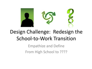 Design Challenge: Redesign the
School-to-Work Transition
Empathize and Define
From High School to ????
 