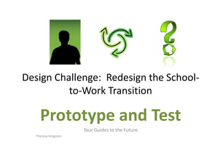 Design Challenge: Redesign the School-
to-Work Transition
Prototype and Test
Tour Guides to the Future
Theresa Kingston
 