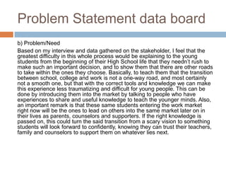 Problem Statement data board
b) Problem/Need
Based on my interview and data gathered on the stakeholder, I feel that the
greatest difficulty in this whole process would be explaining to the young
students from the beginning of their High School life that they needn‟t rush to
make such an important decision, and to show them that there are other roads
to take within the ones they choose. Basically, to teach them that the transition
between school, college and work is not a one-way road, and most certainly
not a smooth one, but that with the correct tools and knowledge we can make
this experience less traumatizing and difficult for young people. This can be
done by introducing them into the market by talking to people who have
experiences to share and useful knowledge to teach the younger minds. Also,
an important remark is that these same students entering the work market
right now will be the ones to lead on others into the same market later on in
their lives as parents, counselors and supporters. If the right knowledge is
passed on, this could turn the said transition from a scary vision to something
students will look forward to confidently, knowing they can trust their teachers,
family and counselors to support them on whatever lies next.
 
