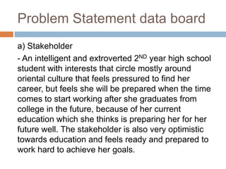 Problem Statement data board
a) Stakeholder
- An intelligent and extroverted 2ND year high school
student with interests that circle mostly around
oriental culture that feels pressured to find her
career, but feels she will be prepared when the time
comes to start working after she graduates from
college in the future, because of her current
education which she thinks is preparing her for her
future well. The stakeholder is also very optimistic
towards education and feels ready and prepared to
work hard to achieve her goals.
 