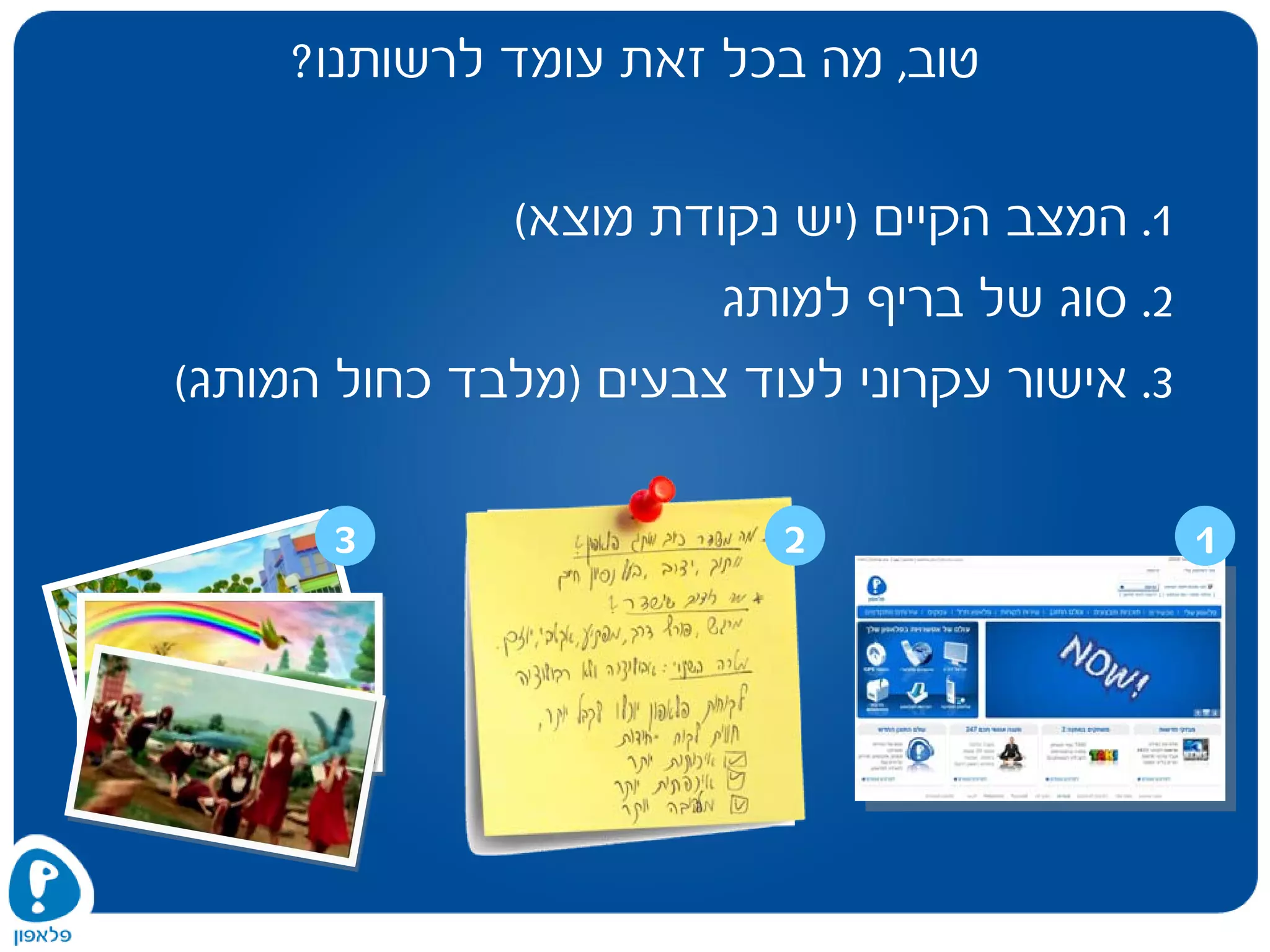 ‫טוב‬,‫לרשותנו‬ ‫עומד‬ ‫זאת‬ ‫בכל‬ ‫מה‬?
1.‫הקיים‬ ‫המצב‬)‫מוצא‬ ‫נקודת‬ ‫יש‬(
2.‫למותג‬ ‫בריף‬ ‫של‬ ‫סוג‬
3.‫צבעים‬ ‫לעוד‬ ‫עקרוני‬ ‫אישור‬)‫המותג‬ ‫כחול‬ ‫מלבד‬(
123
 