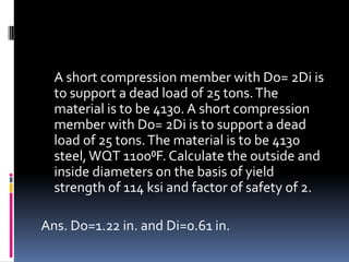 A short compression member with Do= 2Di is
to support a dead load of 25 tons.The
material is to be 4130. A short compression
member with Do= 2Di is to support a dead
load of 25 tons.The material is to be 4130
steel,WQT 1100⁰F. Calculate the outside and
inside diameters on the basis of yield
strength of 114 ksi and factor of safety of 2.
Ans. Do=1.22 in. and Di=0.61 in.
 