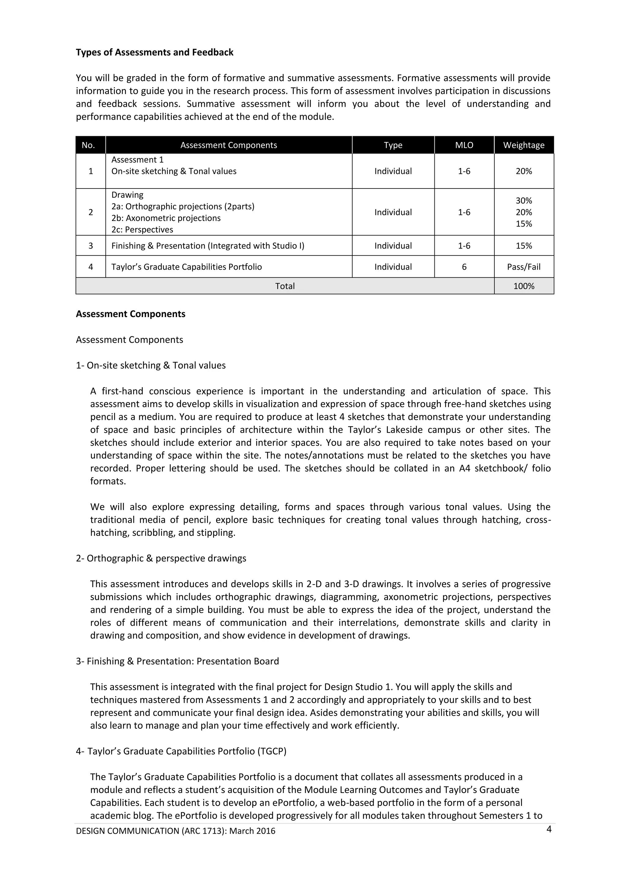 DESIGN COMMUNICATION (ARC 1713): March 2016 4
Types of Assessments and Feedback
You will be graded in the form of formative and summative assessments. Formative assessments will provide
information to guide you in the research process. This form of assessment involves participation in discussions
and feedback sessions. Summative assessment will inform you about the level of understanding and
performance capabilities achieved at the end of the module.
No. Assessment Components Type MLO Weightage
1
Assessment 1
On-site sketching & Tonal values Individual 1-6 20%
2
Drawing
2a: Orthographic projections (2parts)
2b: Axonometric projections
2c: Perspectives
Individual 1-6
30%
20%
15%
3 Finishing & Presentation (Integrated with Studio I) Individual 1-6 15%
4 Taylor’s Graduate Capabilities Portfolio Individual 6 Pass/Fail
Total 100%
Assessment Components
Assessment Components
1- On-site sketching & Tonal values
A first-hand conscious experience is important in the understanding and articulation of space. This
assessment aims to develop skills in visualization and expression of space through free-hand sketches using
pencil as a medium. You are required to produce at least 4 sketches that demonstrate your understanding
of space and basic principles of architecture within the Taylor’s Lakeside campus or other sites. The
sketches should include exterior and interior spaces. You are also required to take notes based on your
understanding of space within the site. The notes/annotations must be related to the sketches you have
recorded. Proper lettering should be used. The sketches should be collated in an A4 sketchbook/ folio
formats.
We will also explore expressing detailing, forms and spaces through various tonal values. Using the
traditional media of pencil, explore basic techniques for creating tonal values through hatching, cross-
hatching, scribbling, and stippling.
2- Orthographic & perspective drawings
This assessment introduces and develops skills in 2-D and 3-D drawings. It involves a series of progressive
submissions which includes orthographic drawings, diagramming, axonometric projections, perspectives
and rendering of a simple building. You must be able to express the idea of the project, understand the
roles of different means of communication and their interrelations, demonstrate skills and clarity in
drawing and composition, and show evidence in development of drawings.
3- Finishing & Presentation: Presentation Board
This assessment is integrated with the final project for Design Studio 1. You will apply the skills and
techniques mastered from Assessments 1 and 2 accordingly and appropriately to your skills and to best
represent and communicate your final design idea. Asides demonstrating your abilities and skills, you will
also learn to manage and plan your time effectively and work efficiently.
4- Taylor’s Graduate Capabilities Portfolio (TGCP)
The Taylor’s Graduate Capabilities Portfolio is a document that collates all assessments produced in a
module and reflects a student’s acquisition of the Module Learning Outcomes and Taylor’s Graduate
Capabilities. Each student is to develop an ePortfolio, a web-based portfolio in the form of a personal
academic blog. The ePortfolio is developed progressively for all modules taken throughout Semesters 1 to
 