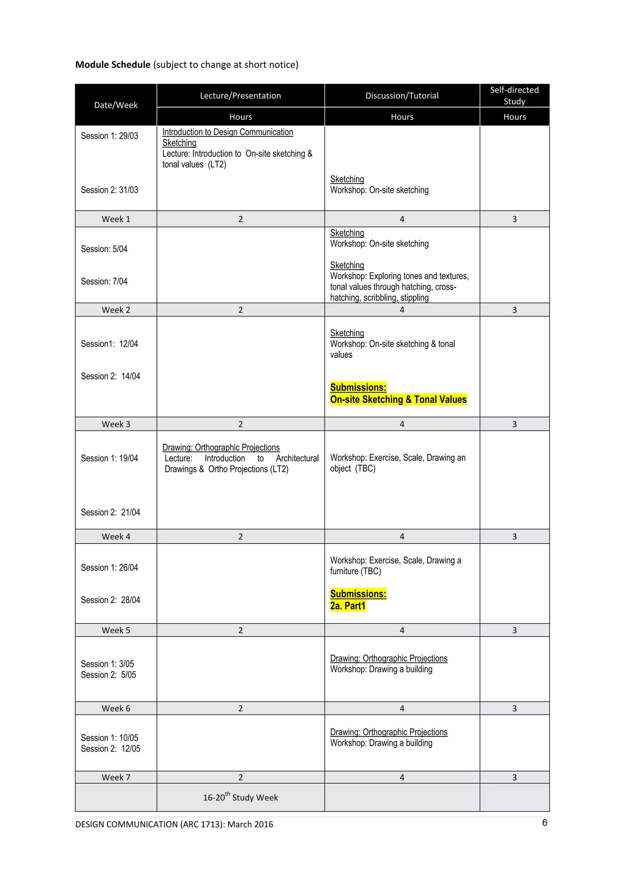 DESIGN COMMUNICATION (ARC 1713): March 2016 6
Module Schedule (subject to change at short notice)
Date/Week
Lecture/Presentation Discussion/Tutorial
Self-directed
Study
Hours Hours Hours
Session 1: 29/03
Session 2: 31/03
Introduction to Design Communication
Sketching
Lecture: Introduction to On-site sketching &
tonal values (LT2)
Sketching
Workshop: On-site sketching
Week 1 2 4 3
Session: 5/04
Session: 7/04
Sketching
Workshop: On-site sketching
Sketching
Workshop: Exploring tones and textures,
tonal values through hatching, cross-
hatching, scribbling, stippling
Week 2 2 4 3
Session1: 12/04
Session 2: 14/04
Sketching
Workshop: On-site sketching & tonal
values
Submissions:
On-site Sketching & Tonal Values
Week 3 2 4 3
Session 1: 19/04
Session 2: 21/04
Drawing: Orthographic Projections
Lecture: Introduction to Architectural
Drawings & Ortho Projections (LT2)
Workshop: Exercise, Scale, Drawing an
object (TBC)
Week 4 2 4 3
Session 1: 26/04
Session 2: 28/04
Workshop: Exercise, Scale, Drawing a
furniture (TBC)
Submissions:
2a. Part1
Week 5 2 4 3
Session 1: 3/05
Session 2: 5/05
Drawing: Orthographic Projections
Workshop: Drawing a building
Week 6 2 4 3
Session 1: 10/05
Session 2: 12/05
Drawing: Orthographic Projections
Workshop: Drawing a building
Week 7 2 4 3
16-20
th
Study Week
 