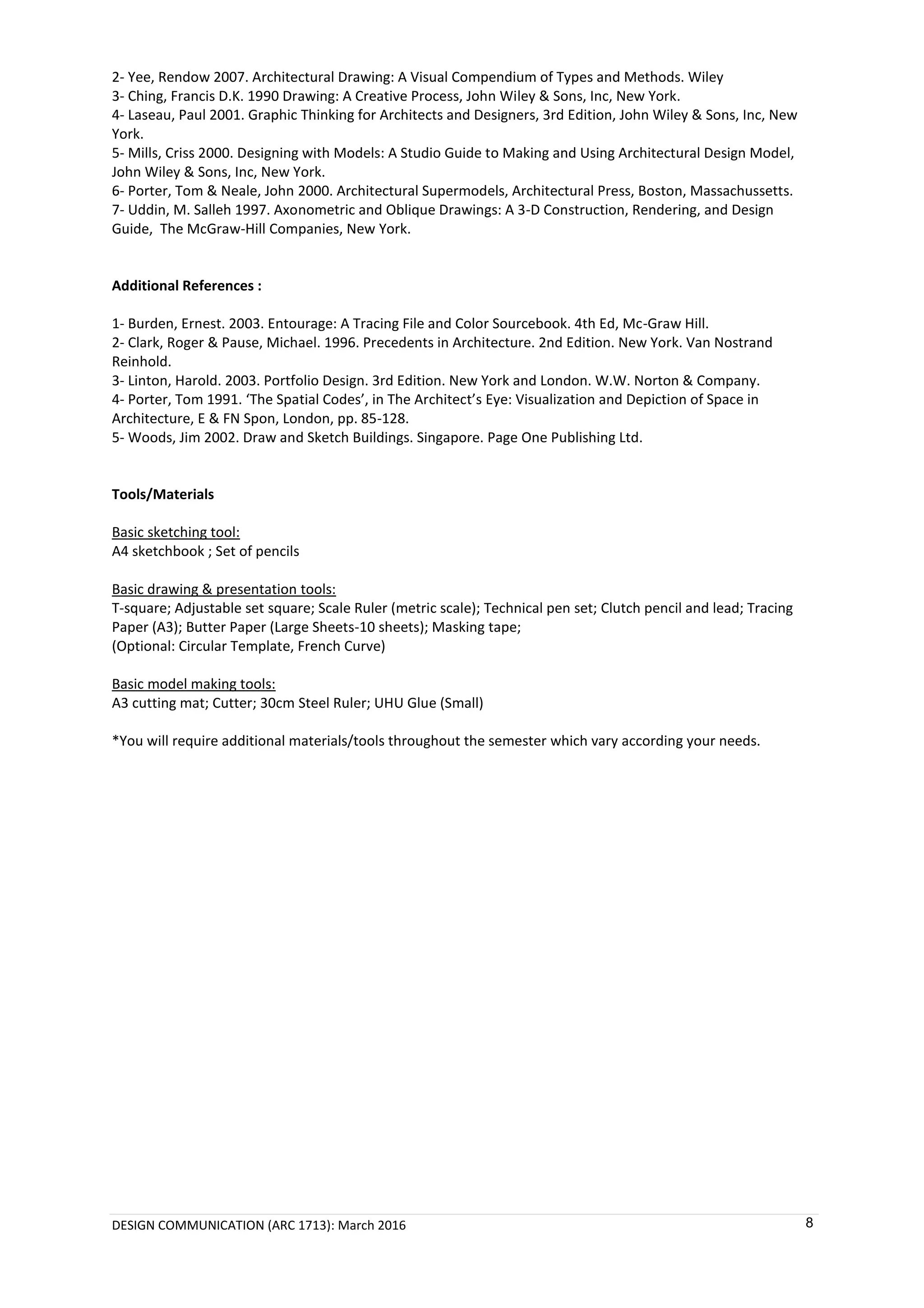 DESIGN COMMUNICATION (ARC 1713): March 2016 8
2- Yee, Rendow 2007. Architectural Drawing: A Visual Compendium of Types and Methods. Wiley
3- Ching, Francis D.K. 1990 Drawing: A Creative Process, John Wiley & Sons, Inc, New York.
4- Laseau, Paul 2001. Graphic Thinking for Architects and Designers, 3rd Edition, John Wiley & Sons, Inc, New
York.
5- Mills, Criss 2000. Designing with Models: A Studio Guide to Making and Using Architectural Design Model,
John Wiley & Sons, Inc, New York.
6- Porter, Tom & Neale, John 2000. Architectural Supermodels, Architectural Press, Boston, Massachussetts.
7- Uddin, M. Salleh 1997. Axonometric and Oblique Drawings: A 3-D Construction, Rendering, and Design
Guide, The McGraw-Hill Companies, New York.
Additional References :
1- Burden, Ernest. 2003. Entourage: A Tracing File and Color Sourcebook. 4th Ed, Mc-Graw Hill.
2- Clark, Roger & Pause, Michael. 1996. Precedents in Architecture. 2nd Edition. New York. Van Nostrand
Reinhold.
3- Linton, Harold. 2003. Portfolio Design. 3rd Edition. New York and London. W.W. Norton & Company.
4- Porter, Tom 1991. ‘The Spatial Codes’, in The Architect’s Eye: Visualization and Depiction of Space in
Architecture, E & FN Spon, London, pp. 85-128.
5- Woods, Jim 2002. Draw and Sketch Buildings. Singapore. Page One Publishing Ltd.
Tools/Materials
Basic sketching tool:
A4 sketchbook ; Set of pencils
Basic drawing & presentation tools:
T-square; Adjustable set square; Scale Ruler (metric scale); Technical pen set; Clutch pencil and lead; Tracing
Paper (A3); Butter Paper (Large Sheets-10 sheets); Masking tape;
(Optional: Circular Template, French Curve)
Basic model making tools:
A3 cutting mat; Cutter; 30cm Steel Ruler; UHU Glue (Small)
*You will require additional materials/tools throughout the semester which vary according your needs.
 