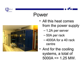 Power
• All this heat comes
from the power supply
– 1.2A per server
– 50A per rack
– 4000A for a 40 rack
centre

• And for the cooling
systems, a total of
5000A => 1.25 MW.

 