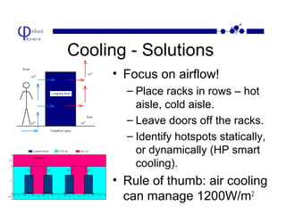 Cooling - Solutions
• Focus on airflow!
– Place racks in rows – hot
aisle, cold aisle.
– Leave doors off the racks.
– Identify hotspots statically,
or dynamically (HP smart
cooling).

• Rule of thumb: air cooling
can manage 1200W/m2

 