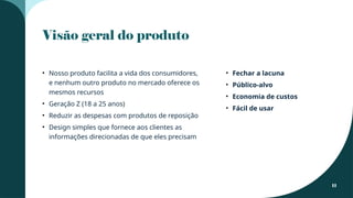 Visão geral do produto
• Nosso produto facilita a vida dos consumidores,
e nenhum outro produto no mercado oferece os
mesmos recursos
• Geração Z (18 a 25 anos)
• Reduzir as despesas com produtos de reposição
• Design simples que fornece aos clientes as
informações direcionadas de que eles precisam
• Fechar a lacuna
• Público-alvo
• Economia de custos
• Fácil de usar
11
 