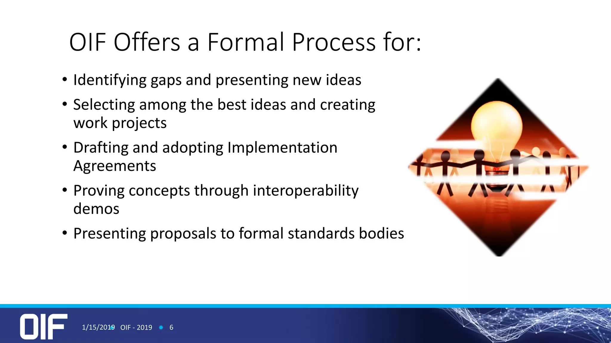 OIF Offers a Formal Process for:
• Identifying gaps and presenting new ideas
• Selecting among the best ideas and creating
work projects
• Drafting and adopting Implementation
Agreements
• Proving concepts through interoperability
demos
• Presenting proposals to formal standards bodies
1/15/2019 OIF - 2019 6
 