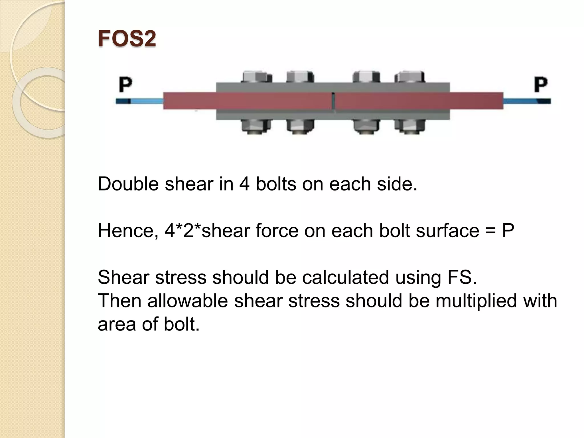 FOS2
Double shear in 4 bolts on each side.
Hence, 4*2*shear force on each bolt surface = P
Shear stress should be calculated using FS.
Then allowable shear stress should be multiplied with
area of bolt.
 