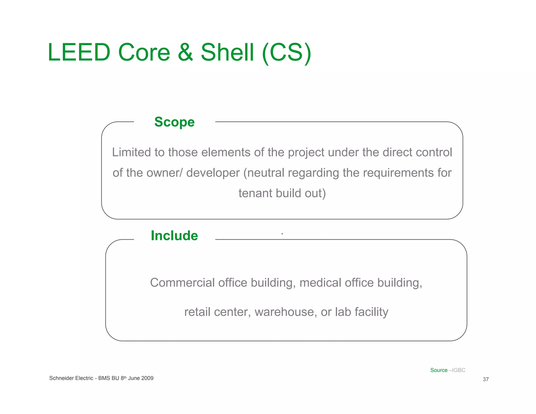 LEED Core & Shell (CS)

                                            Scope

                        Limited to those elements of the project under the direct control
                        of the owner/ developer (neutral regarding the requirements for
                                                         tenant build out)


                                                                  .
                                       Include


                                       Commercial office building, medical office building,

                                               retail center, warehouse, or lab facility



                                                                                              Source –IGBC
Schneider Electric - BMS BU 8th June 2009                                                                    37
 