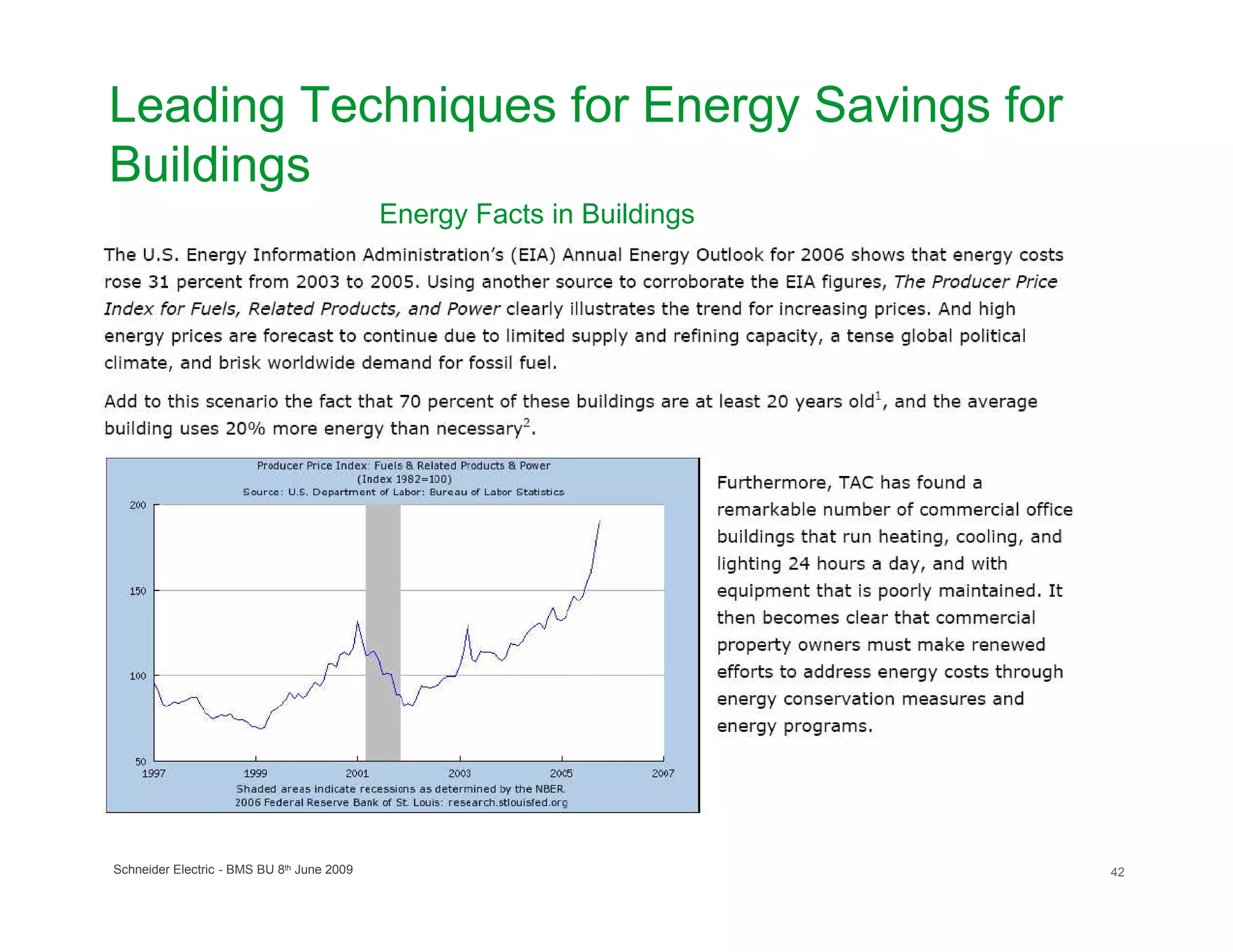 Leading Techniques for Energy Savings for
Buildings
                                            Energy Facts in Buildings




Schneider Electric - BMS BU 8th June 2009                               42
 