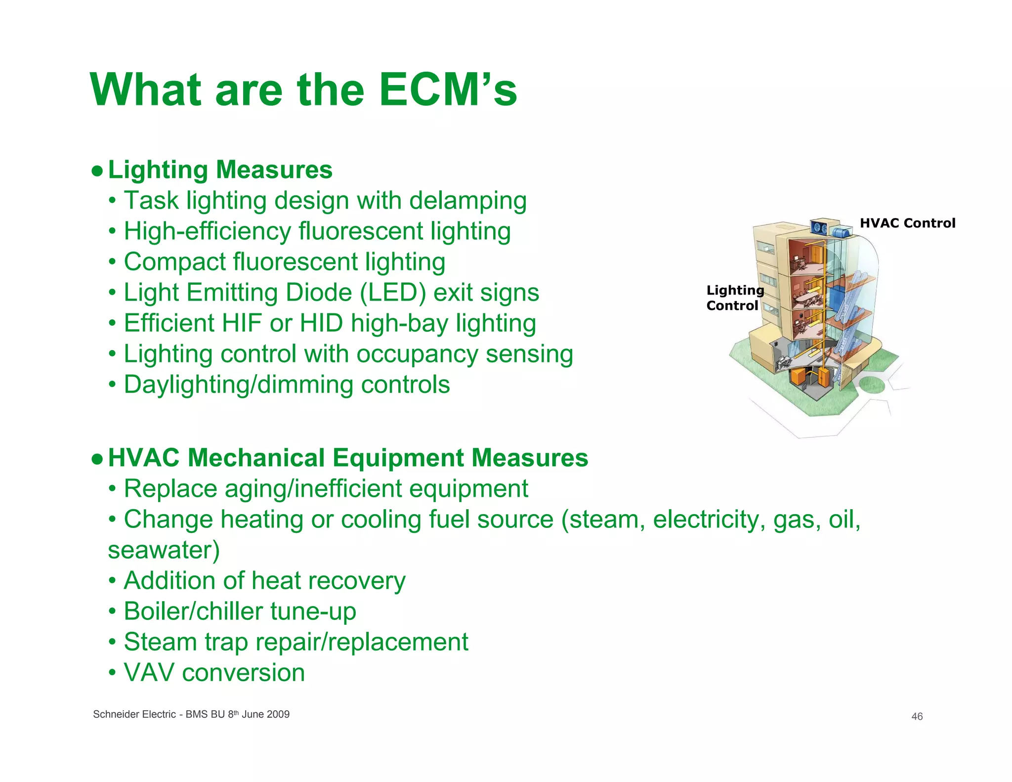 What are the ECM’s
● Lighting Measures
  • Task lighting design with delamping
                                                                       HVAC Control
  • High-efficiency fluorescent lighting
  • Compact fluorescent lighting
  • Light Emitting Diode (LED) exit signs                Lighting
                                                         Control
  • Efficient HIF or HID high-bay lighting
  • Lighting control with occupancy sensing
  • Daylighting/dimming controls

● HVAC Mechanical Equipment Measures
  • Replace aging/inefficient equipment
  • Change heating or cooling fuel source (steam, electricity, gas, oil,
  seawater)
  • Addition of heat recovery
  • Boiler/chiller tune-up
  • Steam trap repair/replacement
  • VAV conversion
Schneider Electric - BMS BU 8th June 2009                                    46
 