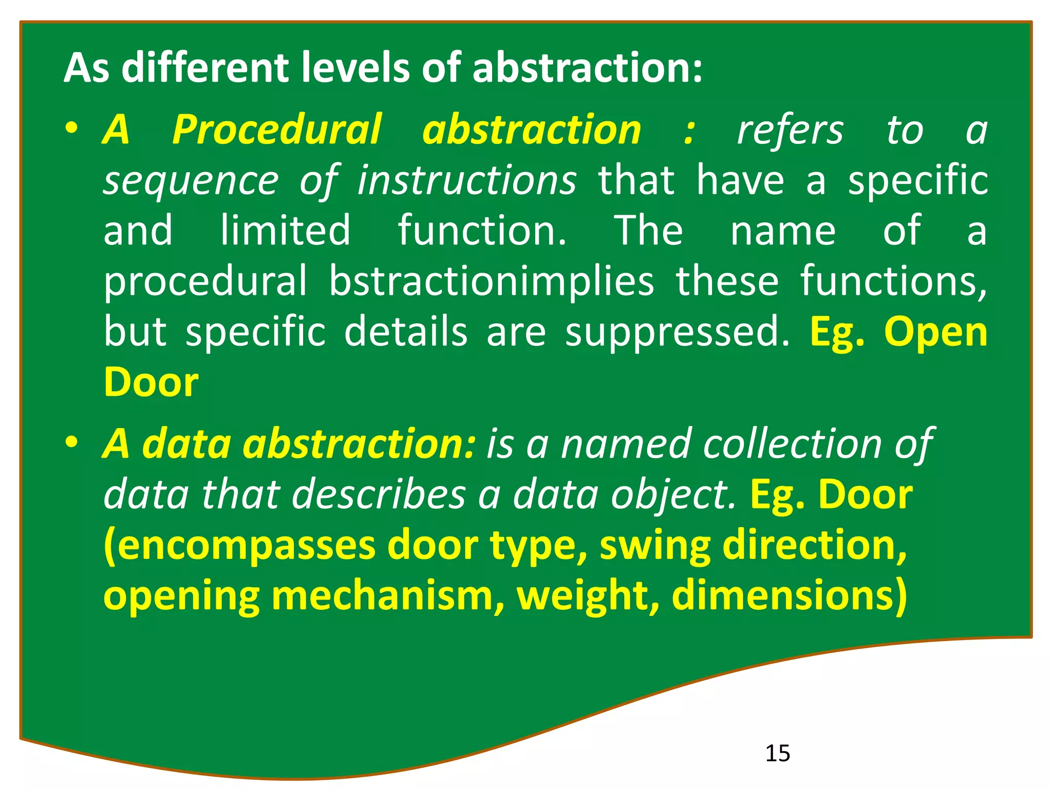 As different levels of abstraction:
• A Procedural abstraction : refers to a
sequence of instructions that have a specific
and limited function. The name of a
procedural bstractionimplies these functions,
but specific details are suppressed. Eg. Open
Door
• A data abstraction: is a named collection of
data that describes a data object. Eg. Door
(encompasses door type, swing direction,
opening mechanism, weight, dimensions)
15
 