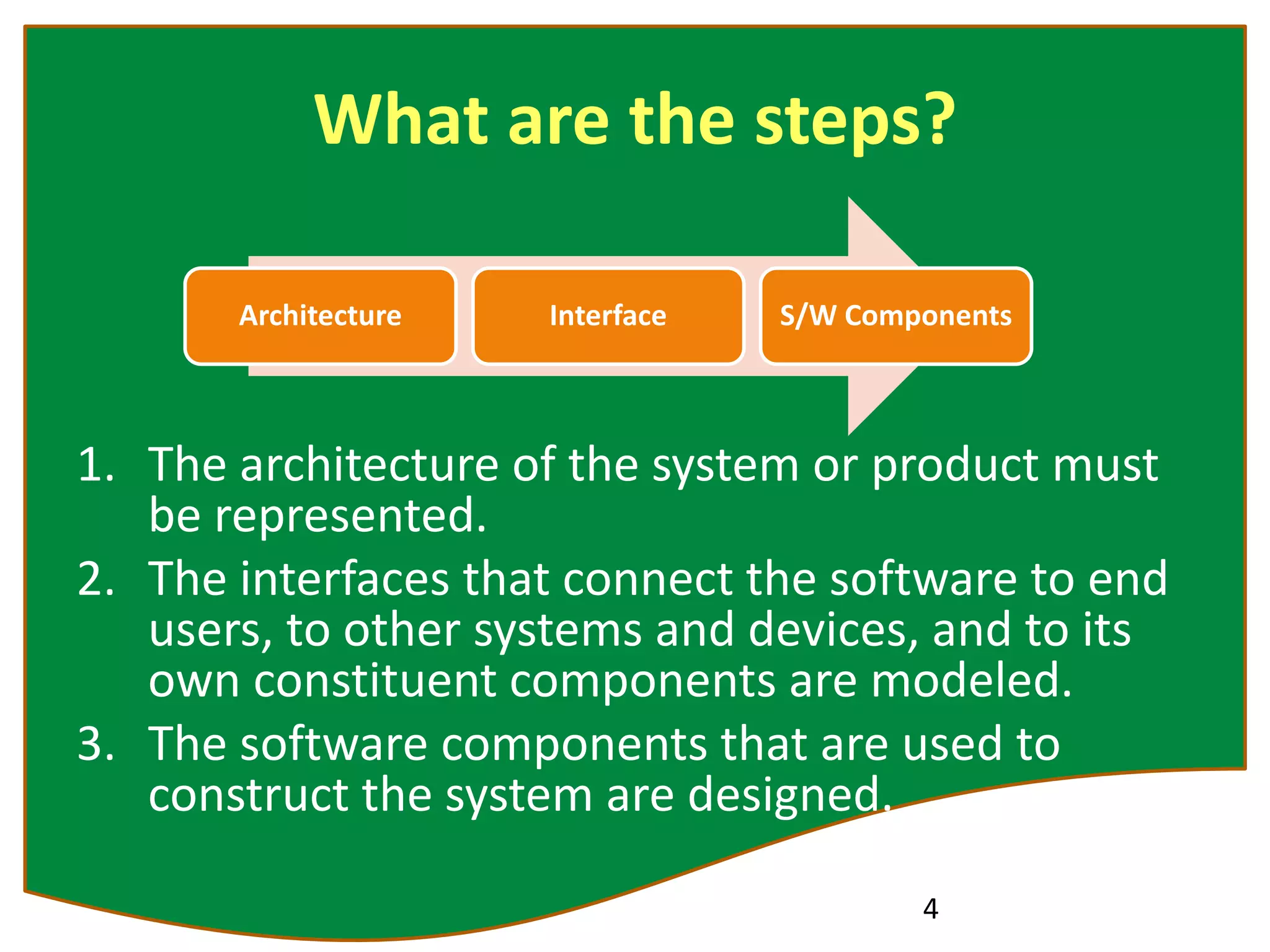 What are the steps?
1. The architecture of the system or product must
be represented.
2. The interfaces that connect the software to end
users, to other systems and devices, and to its
own constituent components are modeled.
3. The software components that are used to
construct the system are designed.
4
Architecture Interface S/W Components
 