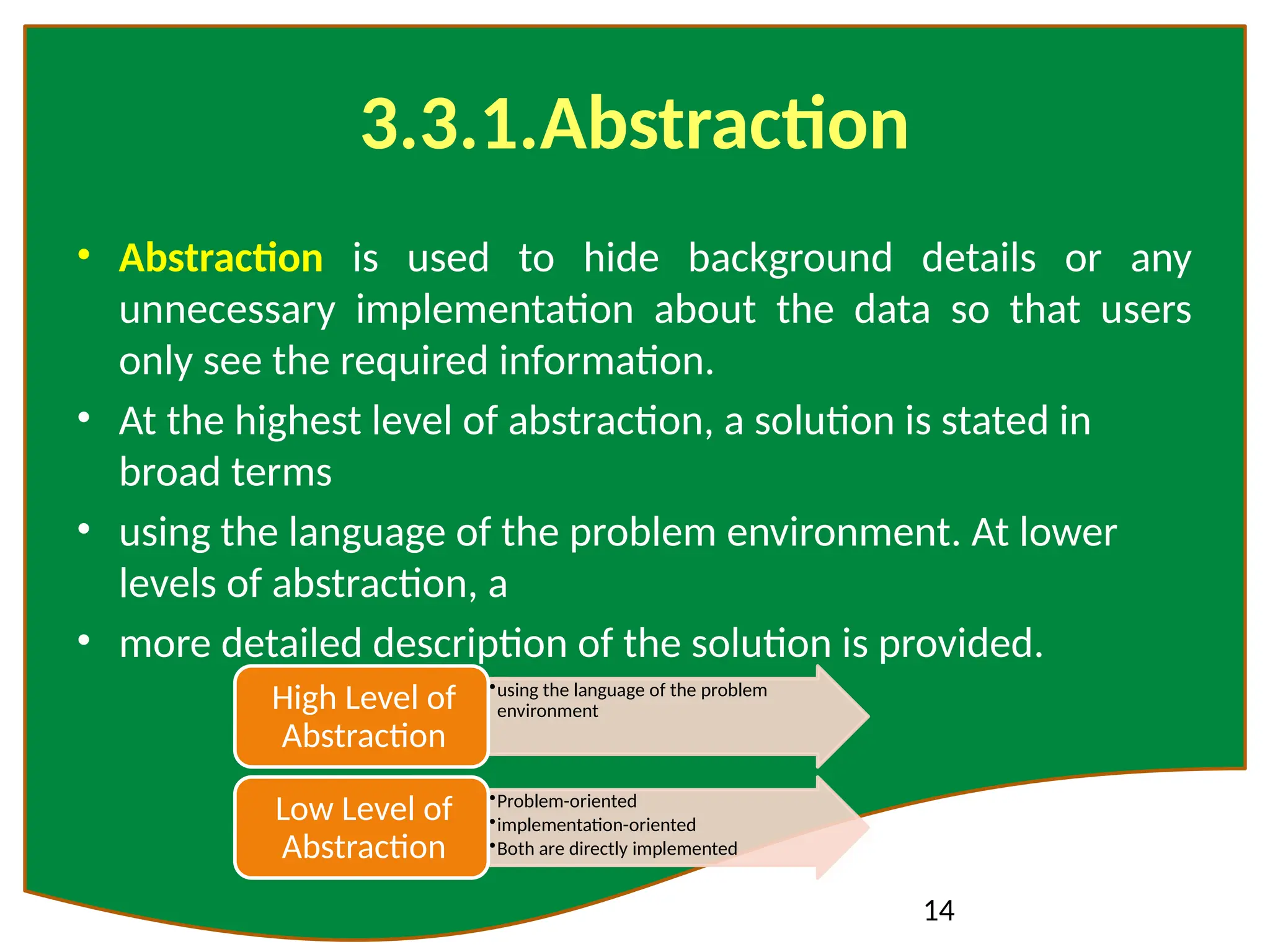 14
3.3.1.Abstraction
• Abstraction is used to hide background details or any
unnecessary implementation about the data so that users
only see the required information.
• At the highest level of abstraction, a solution is stated in
broad terms
• using the language of the problem environment. At lower
levels of abstraction, a
• more detailed description of the solution is provided.
•using the language of the problem
environment
High Level of
Abstraction
•Problem-oriented
•implementation-oriented
•Both are directly implemented
Low Level of
Abstraction
 