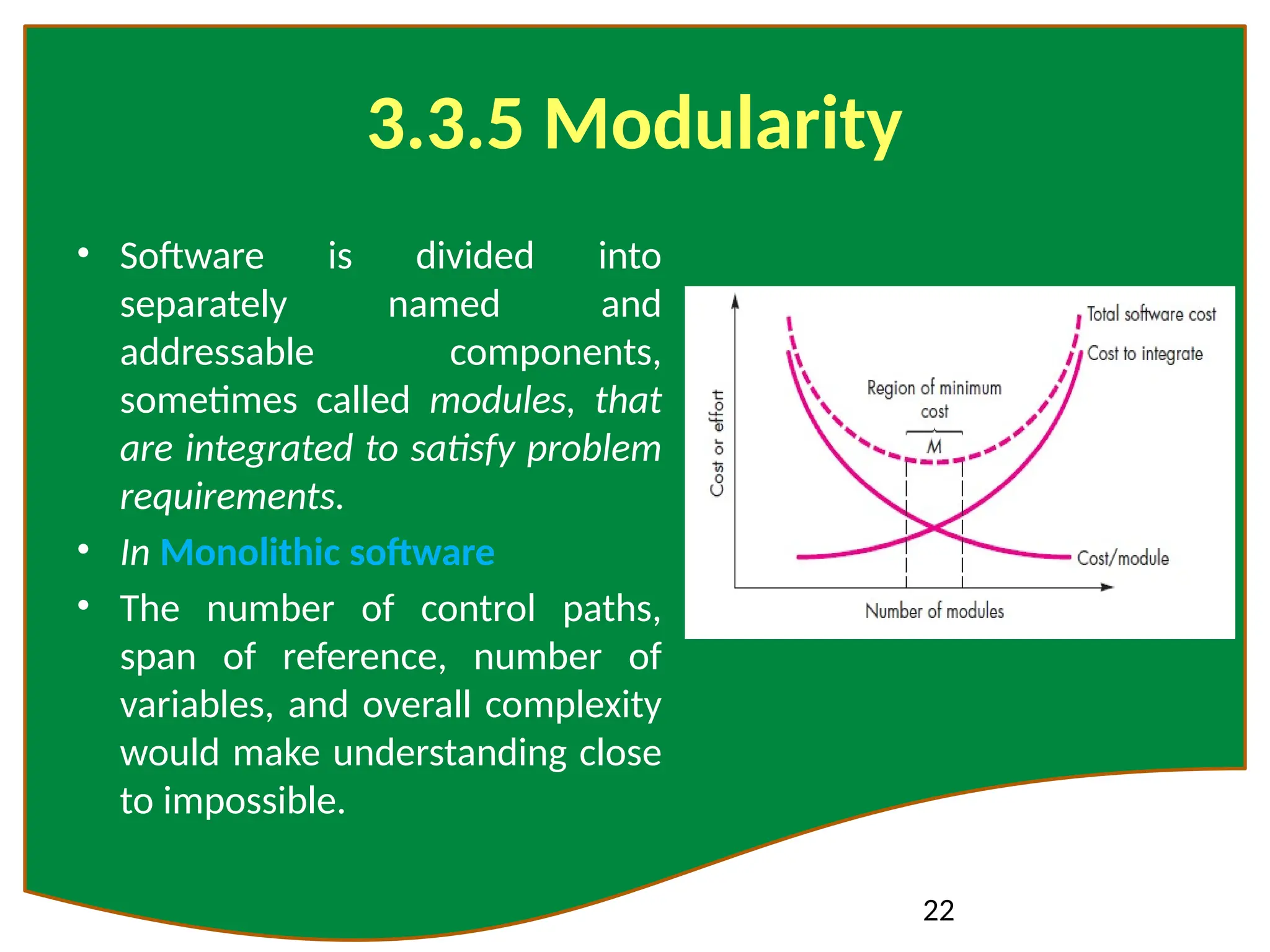 22
3.3.5 Modularity
• Software is divided into
separately named and
addressable components,
sometimes called modules, that
are integrated to satisfy problem
requirements.
• In Monolithic software
• The number of control paths,
span of reference, number of
variables, and overall complexity
would make understanding close
to impossible.
 