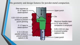 Die geometry and design features for powder-metal compaction.
 