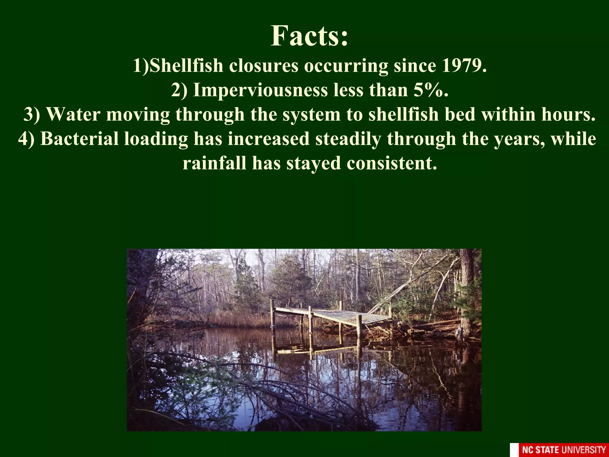 Facts:
1)Shellfish closures occurring since 1979.
2) Imperviousness less than 5%.
3) Water moving through the system to shellfish bed within hours.
4) Bacterial loading has increased steadily through the years, while
rainfall has stayed consistent.
 