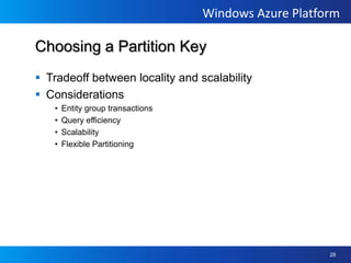 Provides structured storageMassively scalable tables (TBs of data)Self scalingHighly availableDurableFamiliar and easy-to-use API, layered.NET classes and LINQADO.NET Data Services – .NET 3.5 SP1REST – with any platform or languageIntroduction to Tables