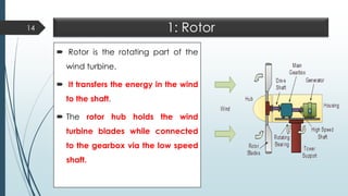 1: Rotor
 Rotor is the rotating part of the
wind turbine.
 It transfers the energy in the wind
to the shaft.
 The rotor hub holds the wind
turbine blades while connected
to the gearbox via the low speed
shaft.
14
 