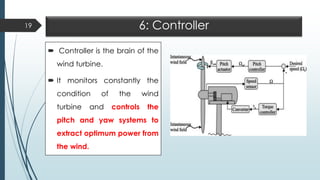6: Controller
 Controller is the brain of the
wind turbine.
 It monitors constantly the
condition of the wind
turbine and controls the
pitch and yaw systems to
extract optimum power from
the wind.
19
 