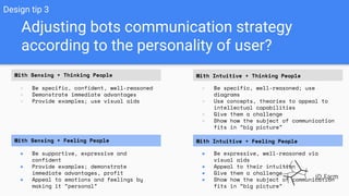 Adjusting bots communication strategy
according to the personality of user?
With Sensing + Thinking People
● Be specific, ...