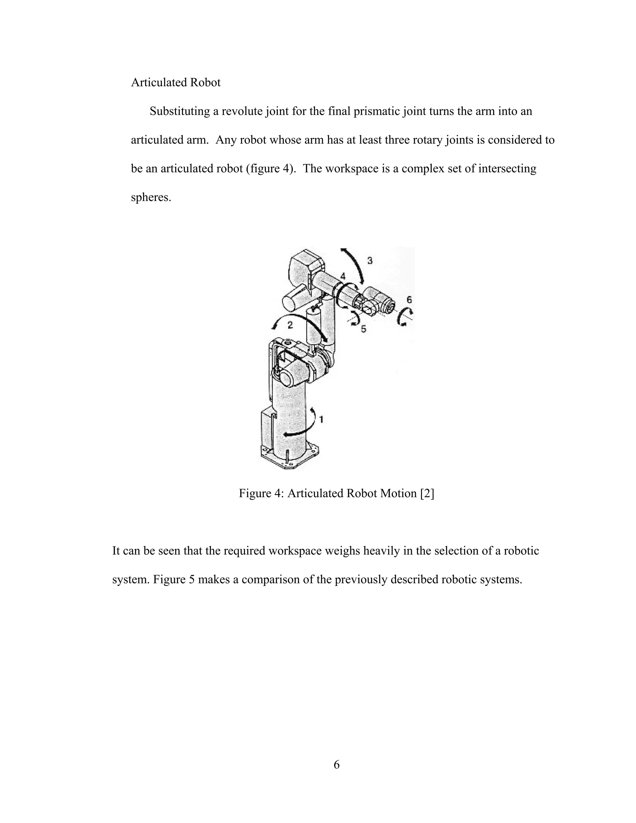 6
Articulated Robot
Substituting a revolute joint for the final prismatic joint turns the arm into an
articulated arm. Any robot whose arm has at least three rotary joints is considered to
be an articulated robot (figure 4). The workspace is a complex set of intersecting
spheres.
Figure 4: Articulated Robot Motion [2]
It can be seen that the required workspace weighs heavily in the selection of a robotic
system. Figure 5 makes a comparison of the previously described robotic systems.
 