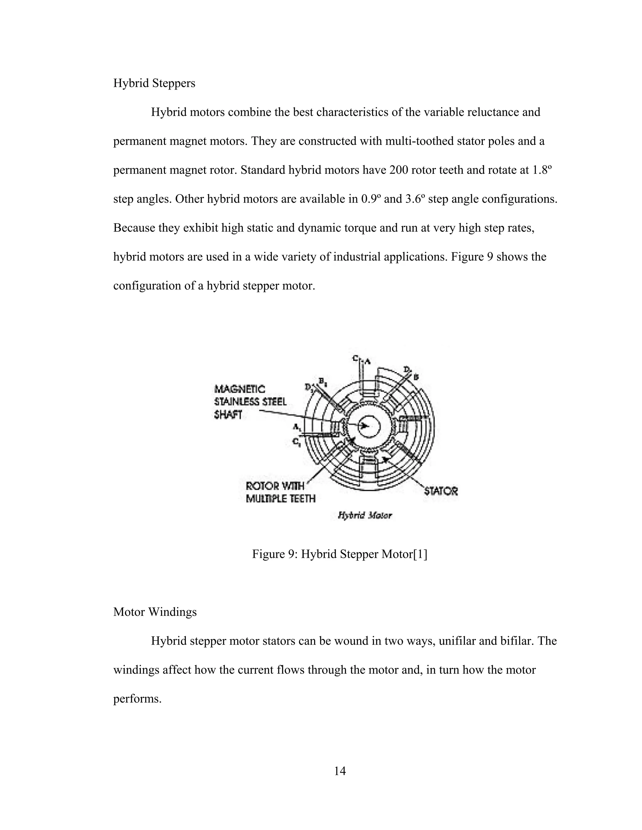 14
Hybrid Steppers
Hybrid motors combine the best characteristics of the variable reluctance and
permanent magnet motors. They are constructed with multi-toothed stator poles and a
permanent magnet rotor. Standard hybrid motors have 200 rotor teeth and rotate at 1.8º
step angles. Other hybrid motors are available in 0.9º and 3.6º step angle configurations.
Because they exhibit high static and dynamic torque and run at very high step rates,
hybrid motors are used in a wide variety of industrial applications. Figure 9 shows the
configuration of a hybrid stepper motor.
Figure 9: Hybrid Stepper Motor[1]
Motor Windings
Hybrid stepper motor stators can be wound in two ways, unifilar and bifilar. The
windings affect how the current flows through the motor and, in turn how the motor
performs.
 