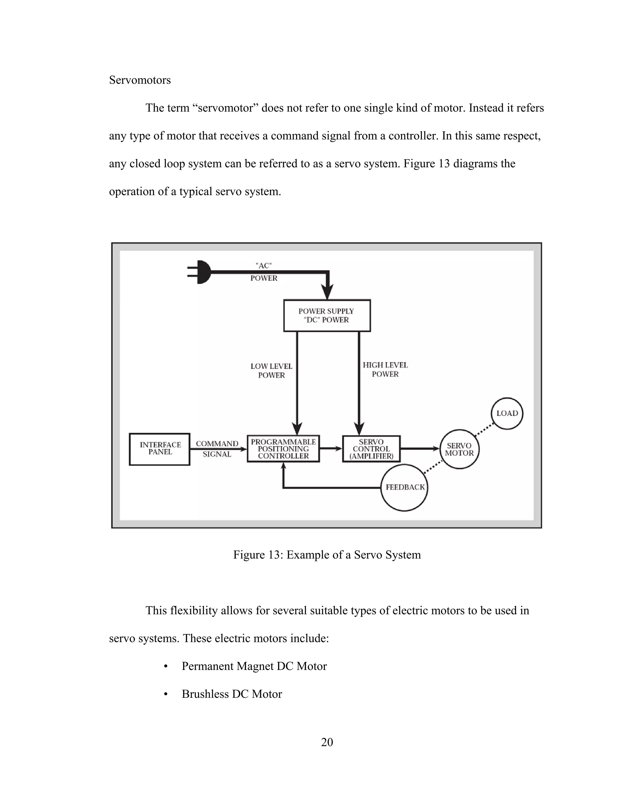 20
Servomotors
The term “servomotor” does not refer to one single kind of motor. Instead it refers
any type of motor that receives a command signal from a controller. In this same respect,
any closed loop system can be referred to as a servo system. Figure 13 diagrams the
operation of a typical servo system.
Figure 13: Example of a Servo System
This flexibility allows for several suitable types of electric motors to be used in
servo systems. These electric motors include:
• Permanent Magnet DC Motor
• Brushless DC Motor
 