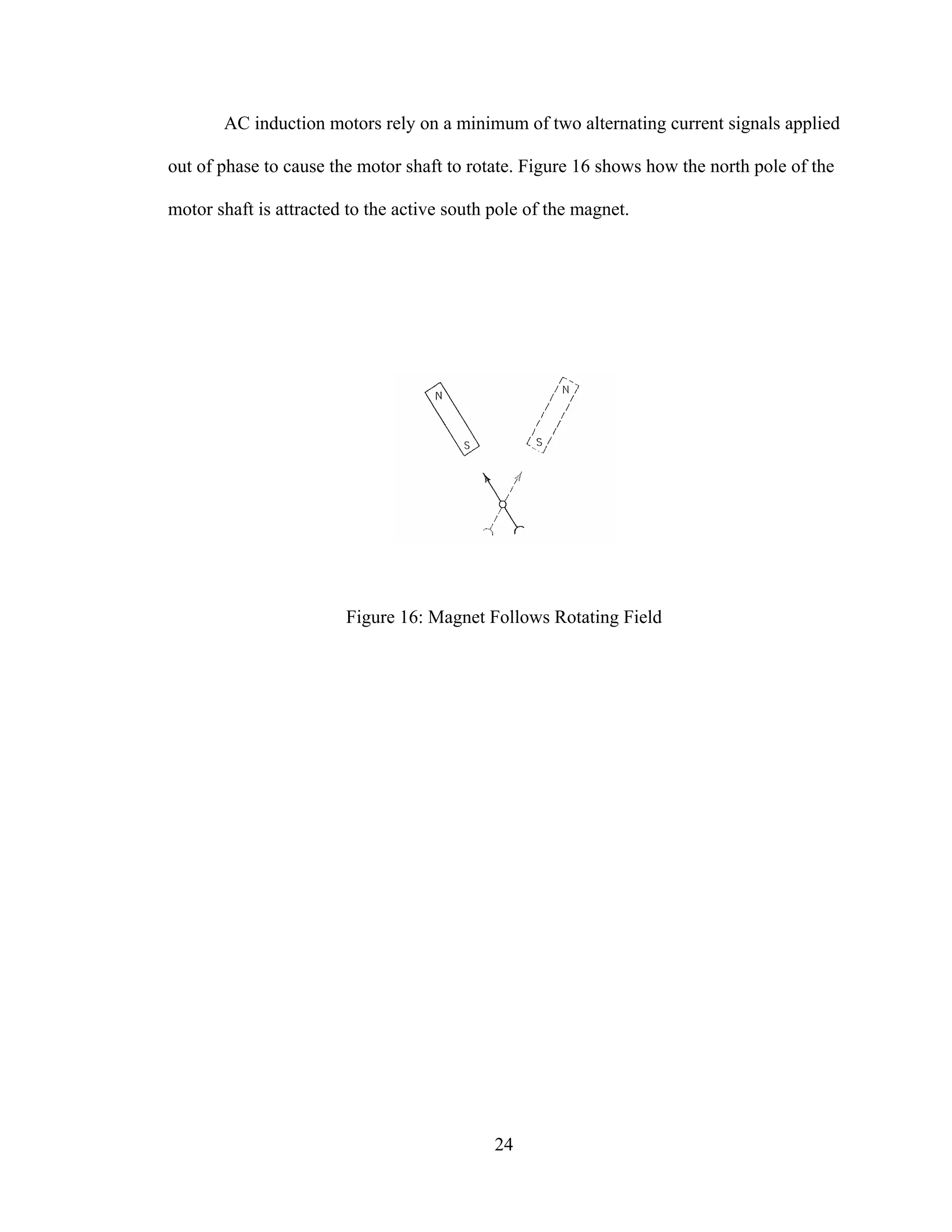 24
AC induction motors rely on a minimum of two alternating current signals applied
out of phase to cause the motor shaft to rotate. Figure 16 shows how the north pole of the
motor shaft is attracted to the active south pole of the magnet.
Figure 16: Magnet Follows Rotating Field
 