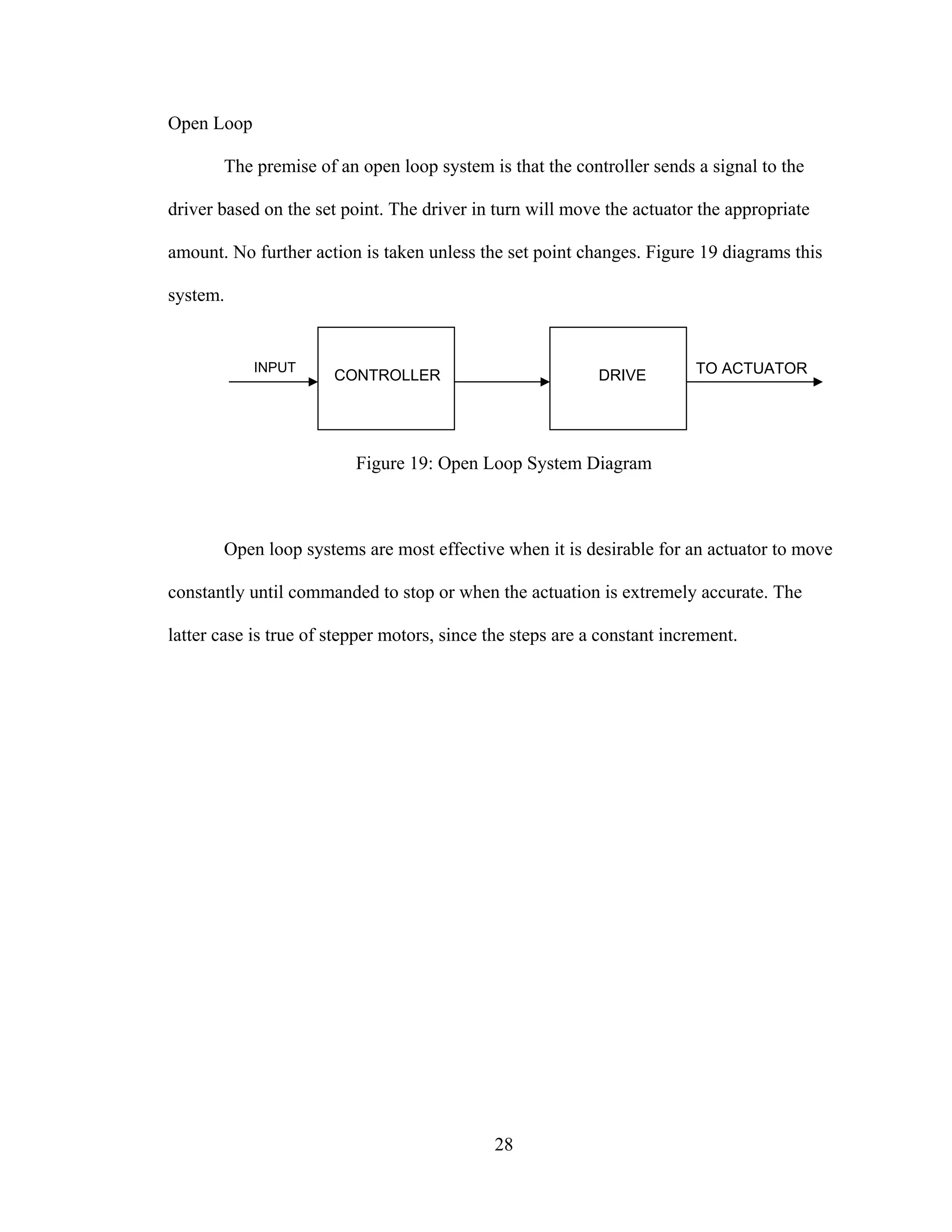 28
Open Loop
The premise of an open loop system is that the controller sends a signal to the
driver based on the set point. The driver in turn will move the actuator the appropriate
amount. No further action is taken unless the set point changes. Figure 19 diagrams this
system.
Figure 19: Open Loop System Diagram
Open loop systems are most effective when it is desirable for an actuator to move
constantly until commanded to stop or when the actuation is extremely accurate. The
latter case is true of stepper motors, since the steps are a constant increment.
TO ACTUATORINPUT
CONTROLLER DRIVE
 