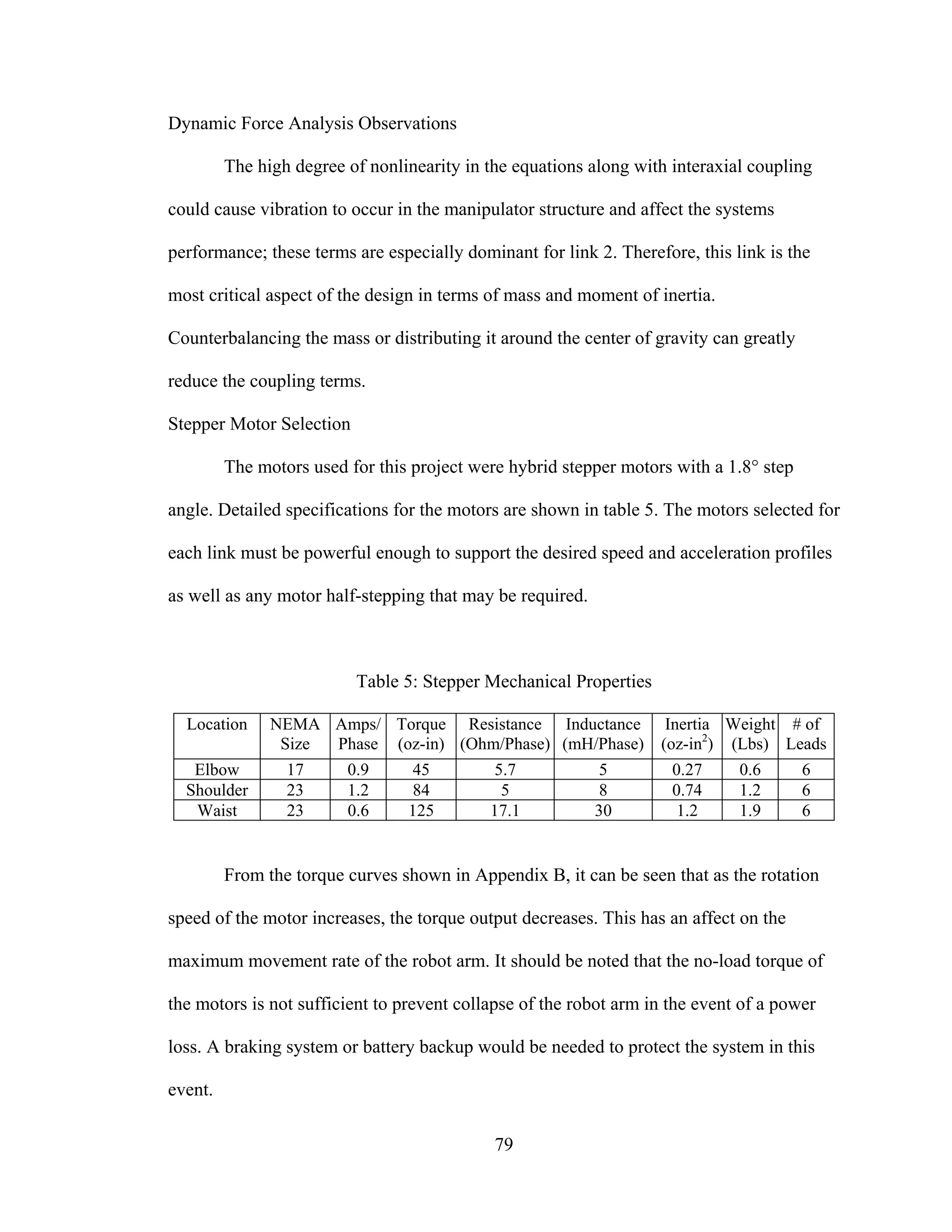 79
Dynamic Force Analysis Observations
The high degree of nonlinearity in the equations along with interaxial coupling
could cause vibration to occur in the manipulator structure and affect the systems
performance; these terms are especially dominant for link 2. Therefore, this link is the
most critical aspect of the design in terms of mass and moment of inertia.
Counterbalancing the mass or distributing it around the center of gravity can greatly
reduce the coupling terms.
Stepper Motor Selection
The motors used for this project were hybrid stepper motors with a 1.8° step
angle. Detailed specifications for the motors are shown in table 5. The motors selected for
each link must be powerful enough to support the desired speed and acceleration profiles
as well as any motor half-stepping that may be required.
Table 5: Stepper Mechanical Properties
Location NEMA
Size
Amps/
Phase
Torque
(oz-in)
Resistance
(Ohm/Phase)
Inductance
(mH/Phase)
Inertia
(oz-in2
)
Weight
(Lbs)
# of
Leads
Elbow 17 0.9 45 5.7 5 0.27 0.6 6
Shoulder 23 1.2 84 5 8 0.74 1.2 6
Waist 23 0.6 125 17.1 30 1.2 1.9 6
From the torque curves shown in Appendix B, it can be seen that as the rotation
speed of the motor increases, the torque output decreases. This has an affect on the
maximum movement rate of the robot arm. It should be noted that the no-load torque of
the motors is not sufficient to prevent collapse of the robot arm in the event of a power
loss. A braking system or battery backup would be needed to protect the system in this
event.
 