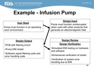 40
Example - Infusion Pump
User Need
Pump must function in an operating
room environment.
Design Input
Pump must function uninterrupted
when used with other products that
generate an electromagnetic field.
Design Output
•PCB with filtering circuit
•Pump EMI shield
•Software signal filtering code and
error handling code
Design Verification
•Simulated EMI testing on hardware
and software
•Dimensional verification of shield
•Verification of system error
handling due to EMI
Design Review
 