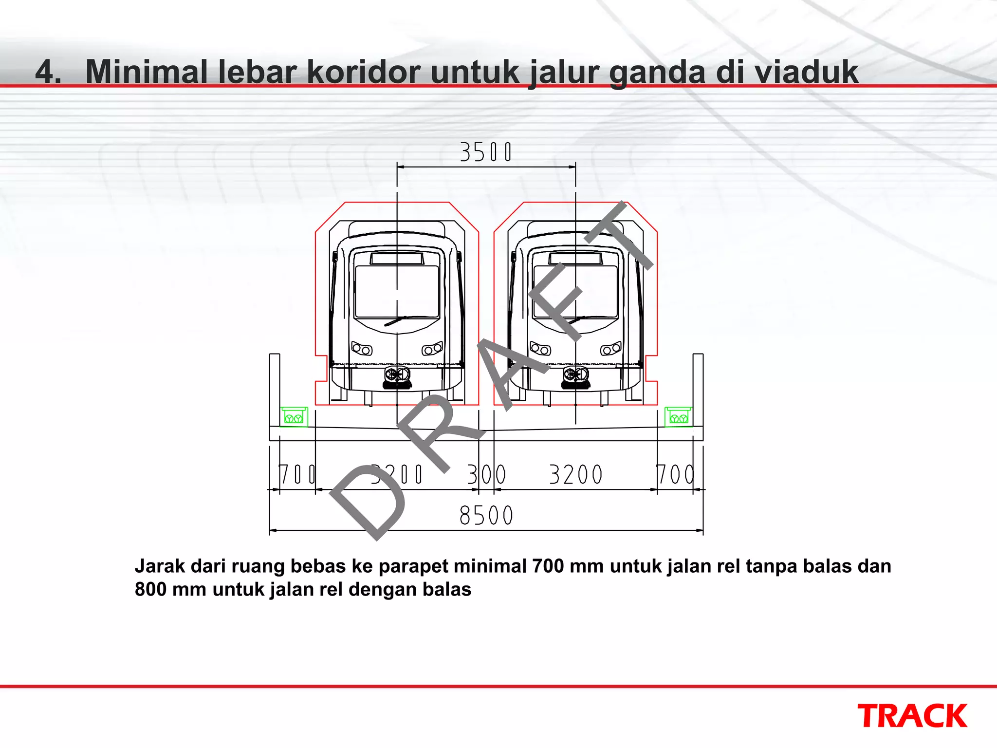 TRACK
4. Minimal lebar koridor untuk jalur ganda di viaduk
Jarak dari ruang bebas ke parapet minimal 700 mm untuk jalan rel tanpa balas dan
800 mm untuk jalan rel dengan balas
D
R
A
F
T
 