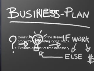 3. Plan


Construct a plan for the desired
product/solution using logical steps.

Evaluate amount of time necessary
 