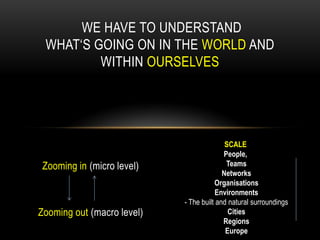 WE HAVE TO UNDERSTAND
 WHAT„S GOING ON IN THE WORLD AND
         WITHIN OURSELVES




                                           SCALE
                                          People,
 Zooming in (micro level)                  Teams
                                          Networks
                                       Organisations
                                        Environments
                            - The built and natural surroundings
Zooming out (macro level)                   Cities
                                          Regions
                                           Europe
 
