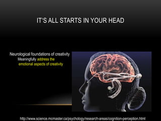 IT„S ALL STARTS IN YOUR HEAD



Neurological foundations of creativity
     Meaningfully address the
     emotional aspects of creativity




      http://www.science.mcmaster.ca/psychology/research-areas/cognition-perception.html
 