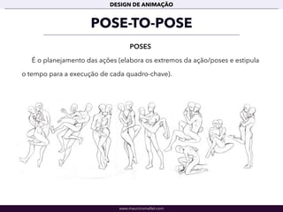 www.mauriciomallet.com
DESIGN DE ANIMAÇÃO
POSE-TO-POSE
POSES
É o planejamento das ações (elabora os extremos da ação/poses e estipula
o tempo para a execução de cada quadro-chave).
 