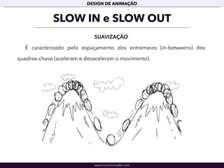 www.mauriciomallet.com
DESIGN DE ANIMAÇÃO
SLOW IN e SLOW OUT
SUAVIZAÇÃO
É caracterizado pelo espaçamento dos entremeios (in-betweens) dos
quadros-chave (aceleram e desaceleram o movimento).
 