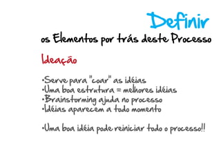 Definir
os Elementos por trás deste Processo

Ideação

•Serve para “coar” as idéias
•Uma boa estrutura = melhores idéias
•Brainstorming ajuda no processo
•Idéias aparecem a todo momento

•Uma boa idéia pode reiniciar todo o processo!!
 