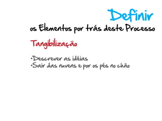 Definir
os Elementos por trás deste Processo

Tangibilização

•Descrever as idéias
•Sair das nuvens e por os pés no chão
 