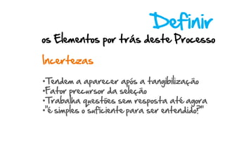 Definir
os Elementos por trás deste Processo

Incertezas

•Tendem a aparecer após a tangibilização
•Fator precursor da seleção
•Trabalha questões sem resposta até agora
•“é simples o suficiente para ser entendido?”
 
