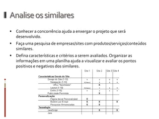Analise os similares
   Conhecer a concorrência ajuda a enxergar o projeto que será
    desenvolvido.
   Faça uma pesquisa de empresas/sites com produtos/serviços/conteúdos
    similares.
   Defina características e critérios a serem avaliados. Organizar as
    informações em uma planilha ajuda a visualizar e avaliar os pontos
    positivos e negativos dos similares.
 