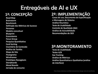 Entregáveis de AI e UX
1ª: CONCEPÇÃO                       2ª: IMPLEMENTAÇÃO
Road Map                            Casos de uso, Documento de Especificação
Brainstorm                          e Mensagens de Sistema
Benchmark                           Análise Heurística
Definição das Métricas de Sucesso   Teste de Usabilidade
Personas                            Controle de Qualidade (QA)
Modelo conceitual                   Análise de Acessibilidade
Blueprint                           Recomendações de SEO
Ecossistema
Focus Group
Pesquisa Quantitativa
Card Sorting
Inventário de Conteúdo              3ª:MONITORAMENTO
Análise de Tarefas                  Teste de Usabilidade
Mapa do Site                        Testes A/B
Fluxograma                          Eye Tracking
Wireframes                          Análise de Métricas
Protótipos Navegáveis               Análise Quantitativa e Qualitativa (análise
Storyboards                         de interface)
Mood Boards
Jornada de consumo
                                     http://www.slideshare.net/fabricioteixeira/ux-design-antes-do-wireframe
 