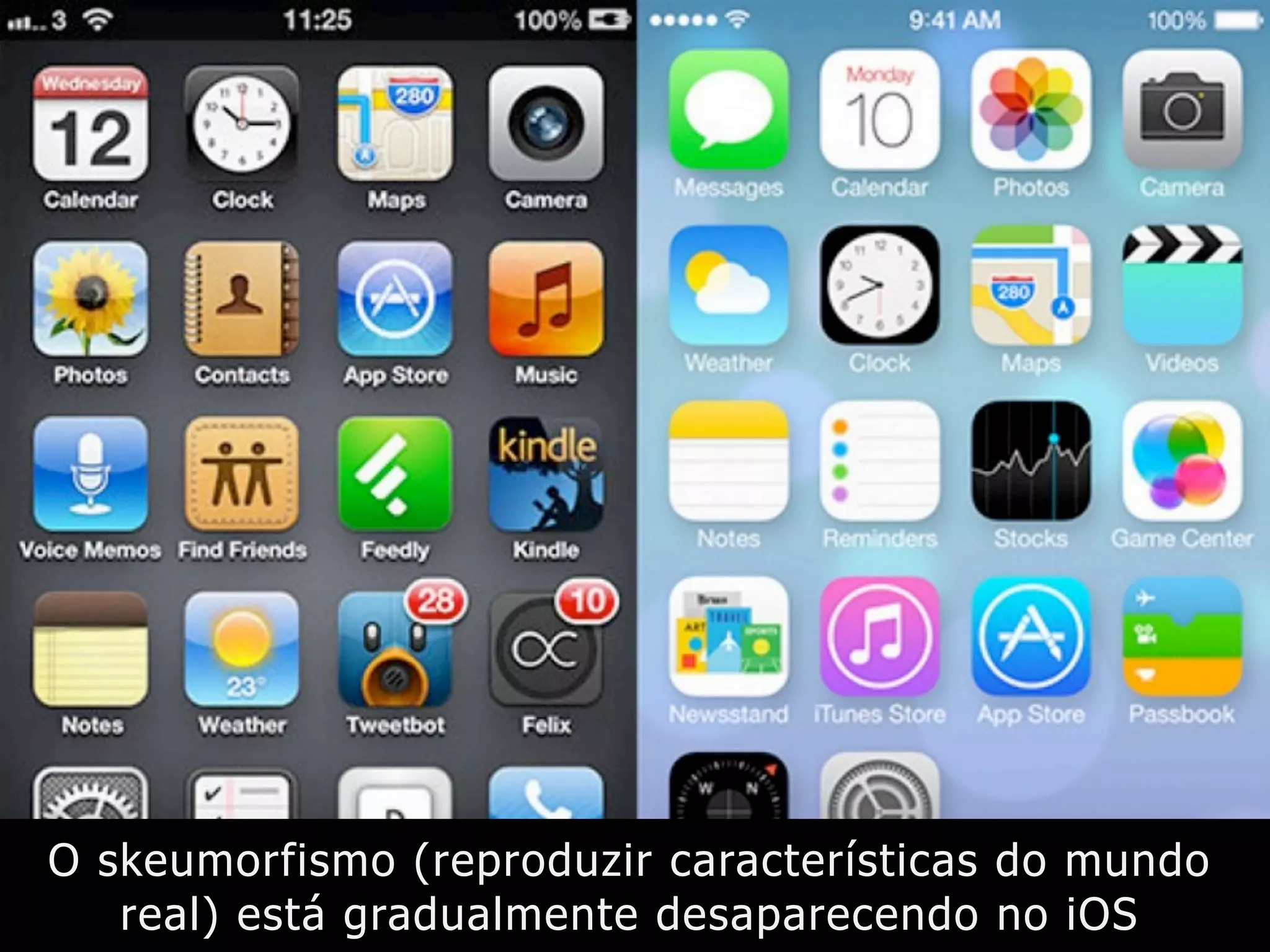 O skeumorfismo (reproduzir características do mundo
real) está gradualmente desaparecendo no iOS
 