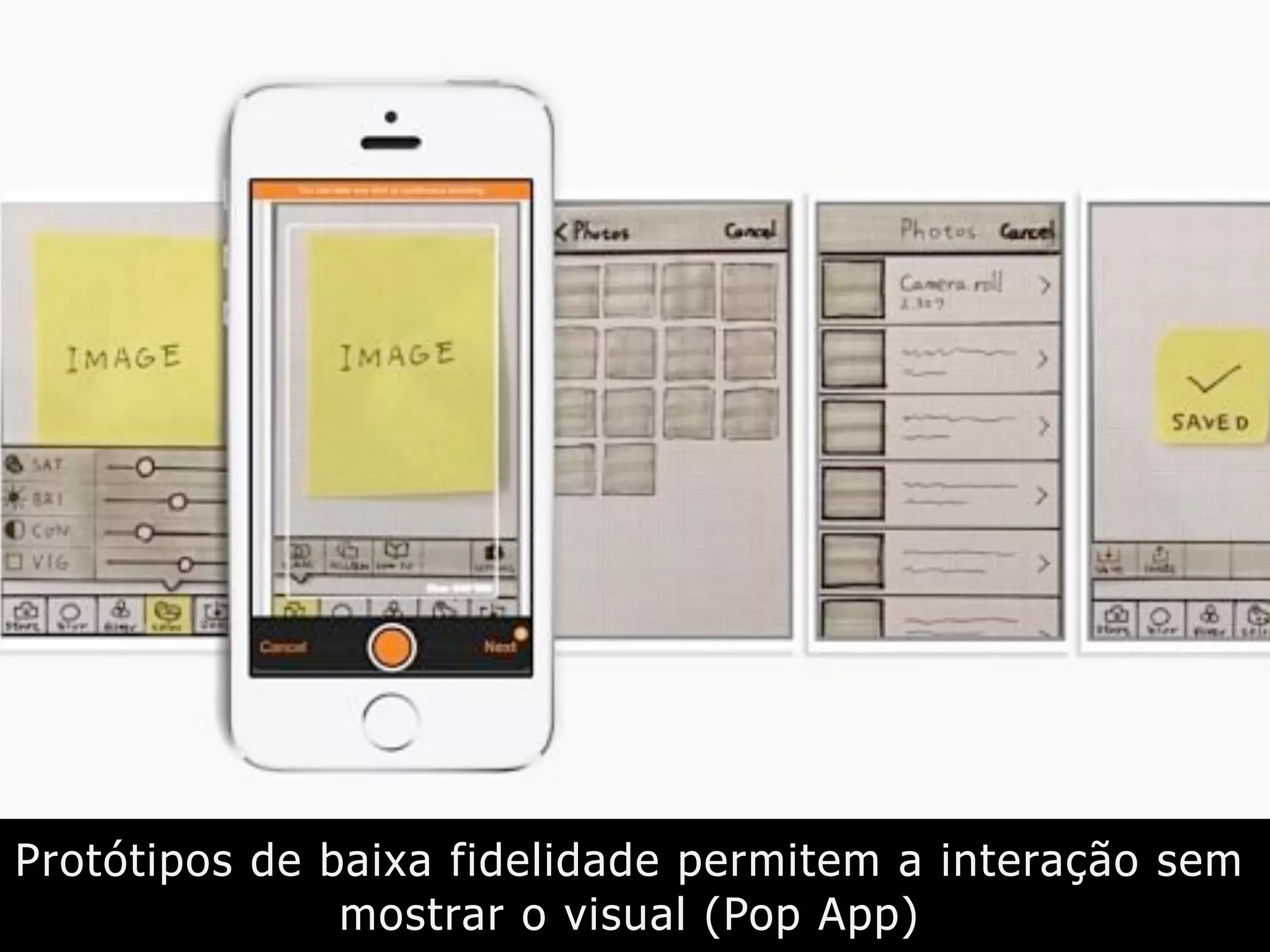 Protótipos de baixa fidelidade permitem a interação sem
mostrar o visual (Pop App)
 